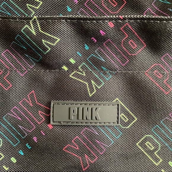 PINK Victoria’s Secret Black Zip Up Tote Bag Black Fluorescent Allover Logo - Picture 5 of 11